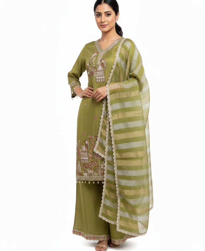 Olive Green Hand Work Indian Ethnic Suit Set for Women