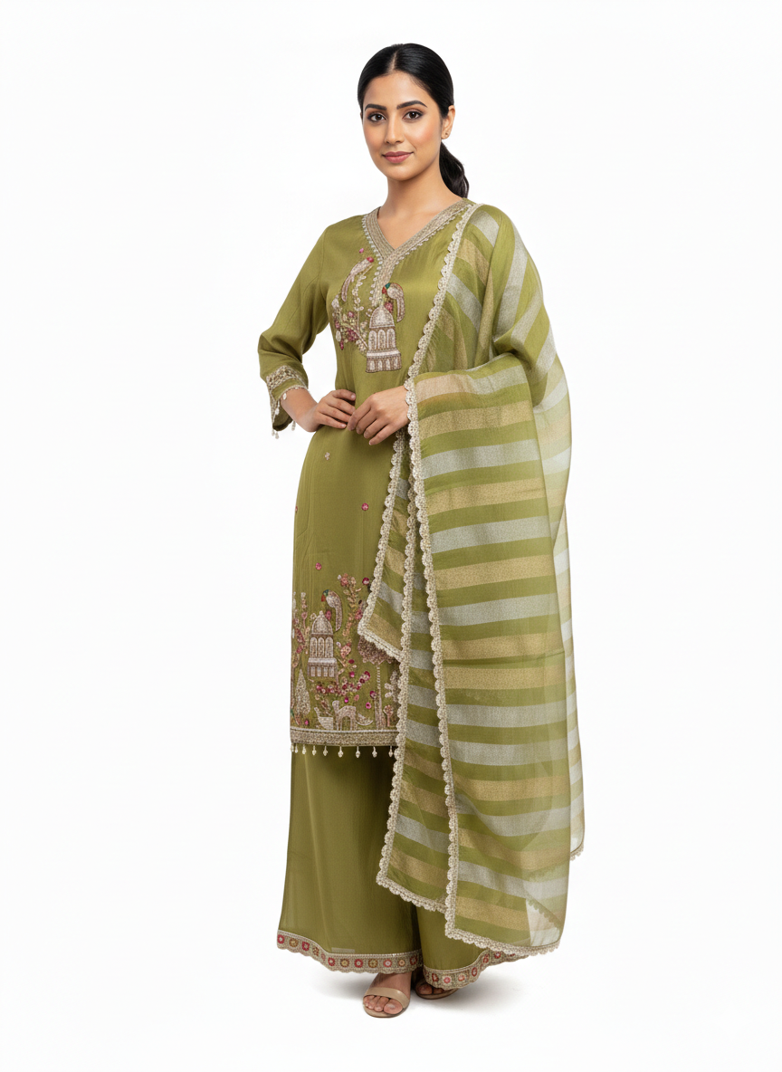 Olive Green Hand Work Indian Ethnic Suit Set for Women