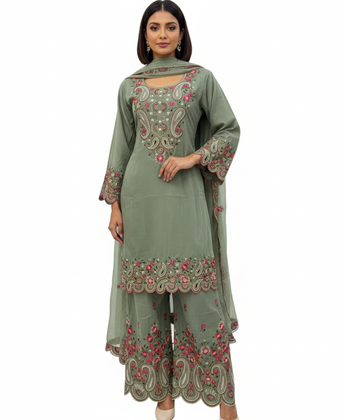 Sage Green Embroidered Indian Suit Set with Palazzo & Dupatta