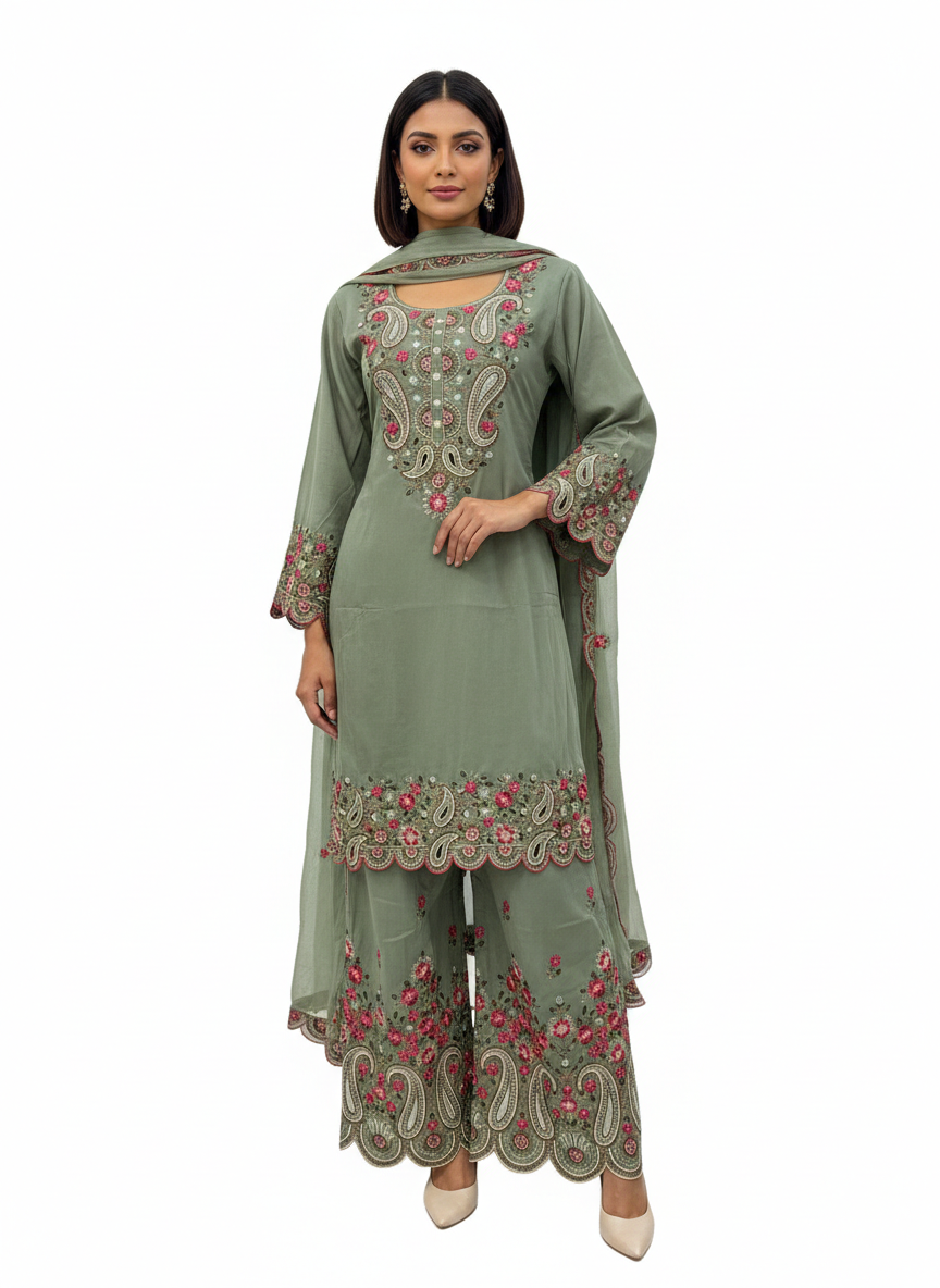 Sage Green Embroidered Indian Suit Set with Palazzo & Dupatta