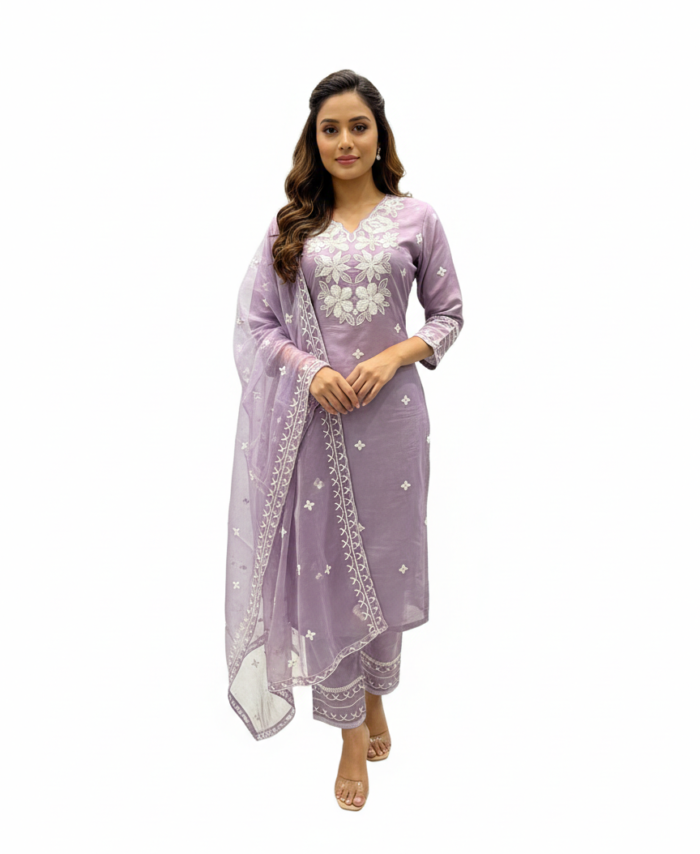 Lavender Floral Embroidered Indian Suit Set with Dupatta