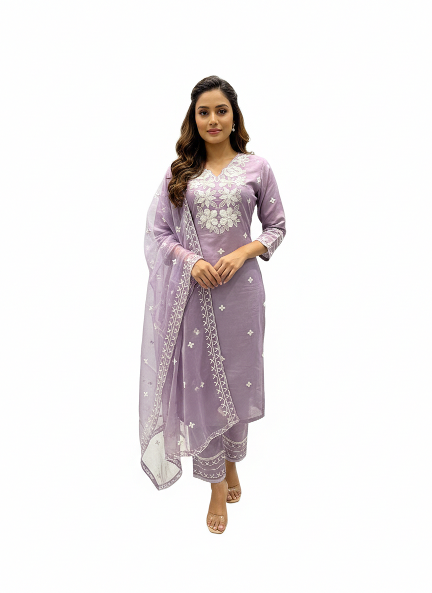 Lavender Floral Embroidered Indian Suit Set with Dupatta