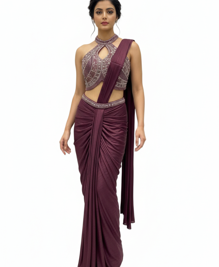 Wine Embellished Ready to Wear Saree with Designer Blouse