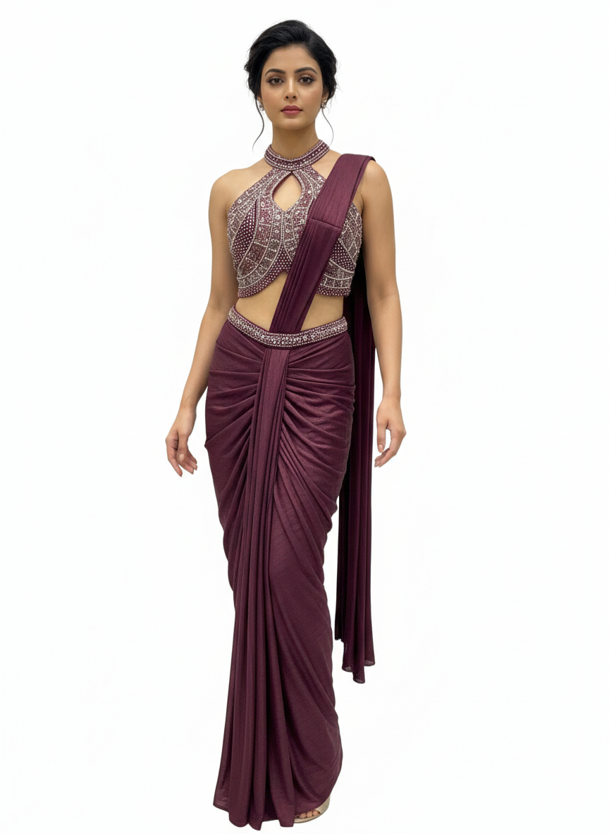Wine Embellished Ready to Wear Saree with Designer Blouse