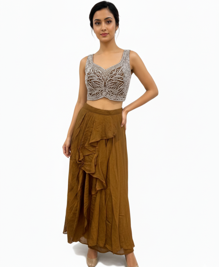 Elegant Indo Western Embroidered Crop Top with Draped Palazzo Skirt