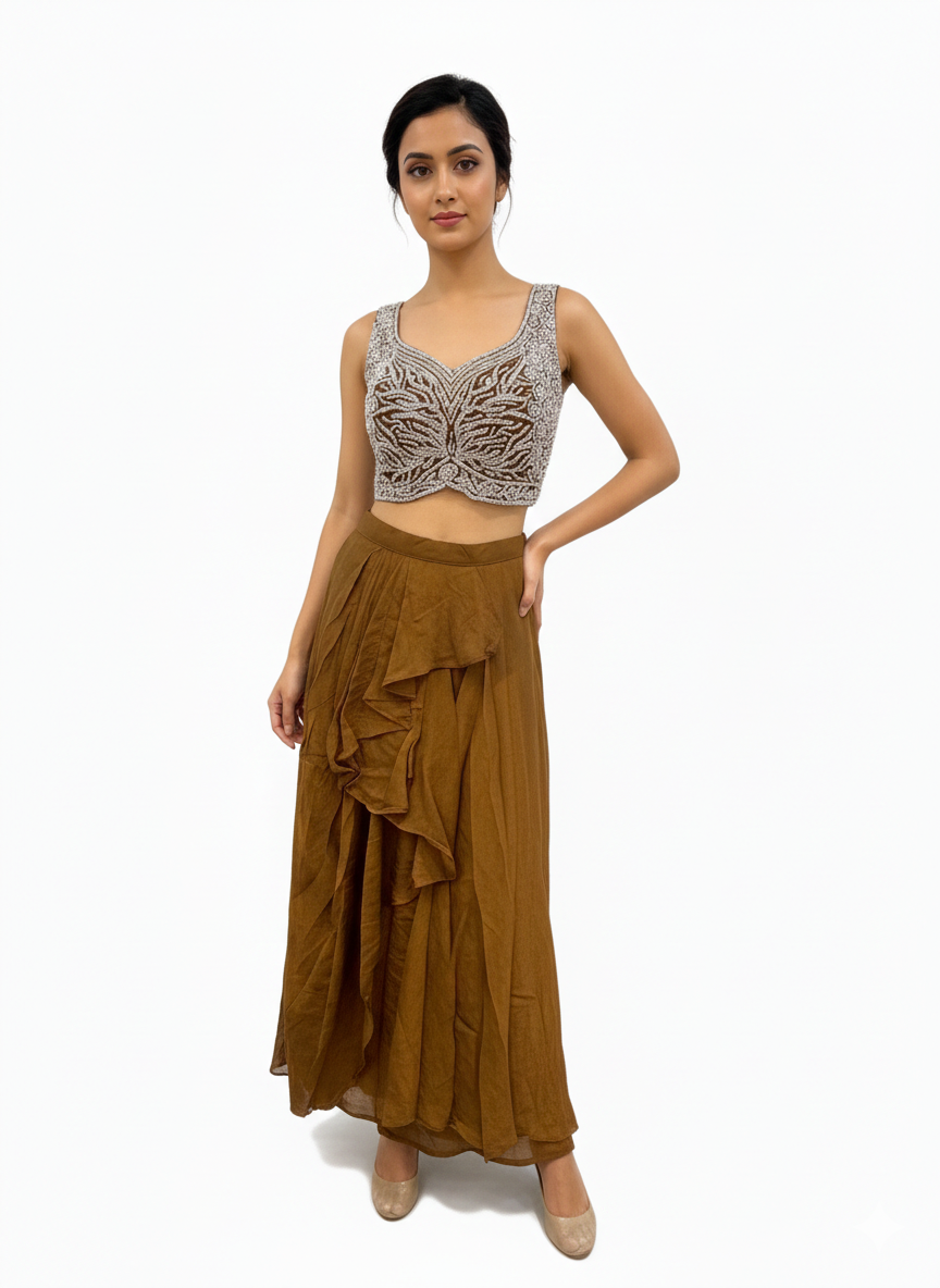 Elegant Indo Western Embroidered Crop Top with Draped Palazzo Skirt