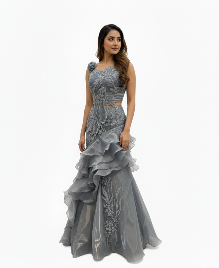 Grey Embroidered Fish Cut Indo Western Dress