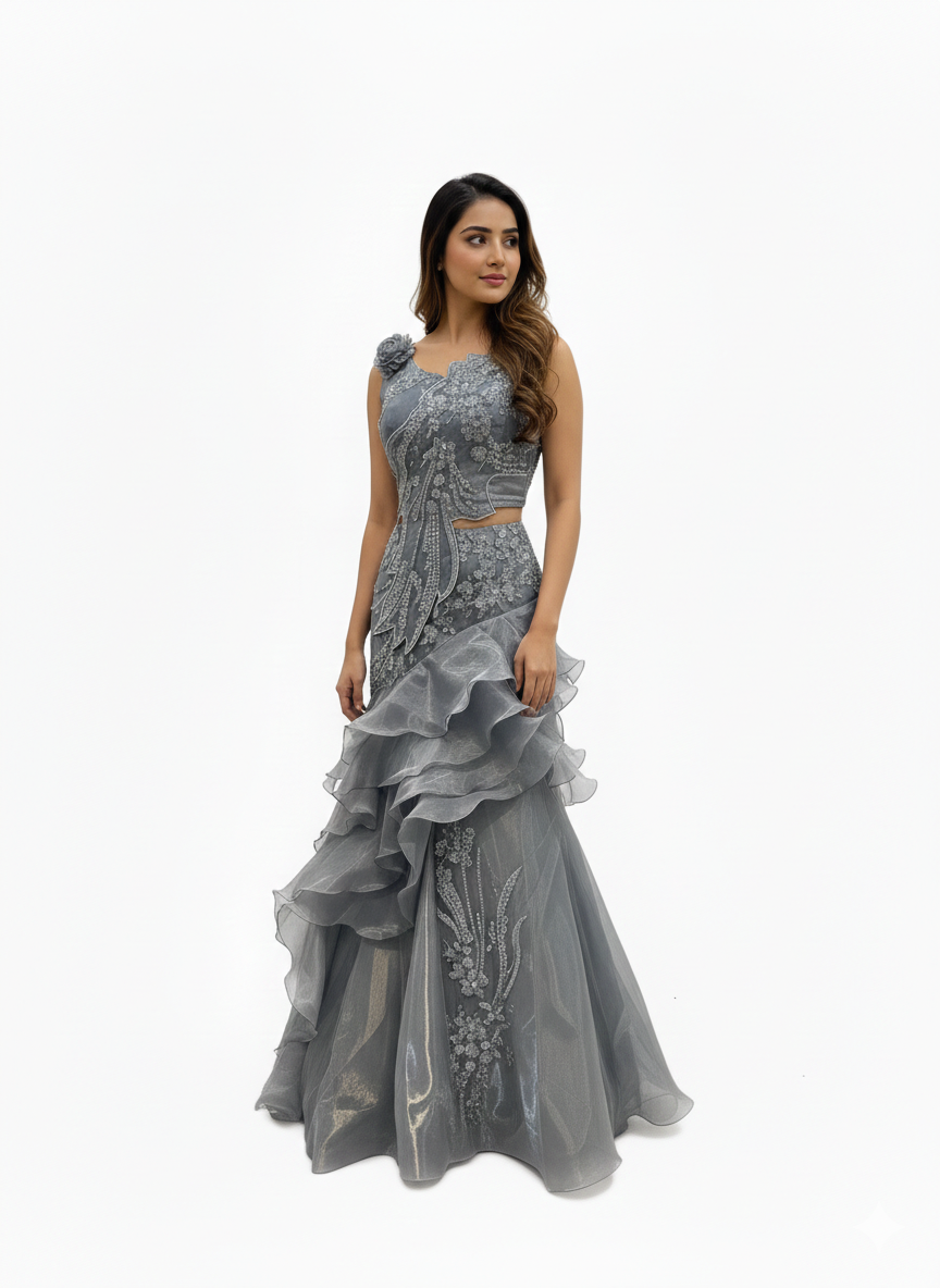 Grey Embroidered Fish Cut Indo Western Dress